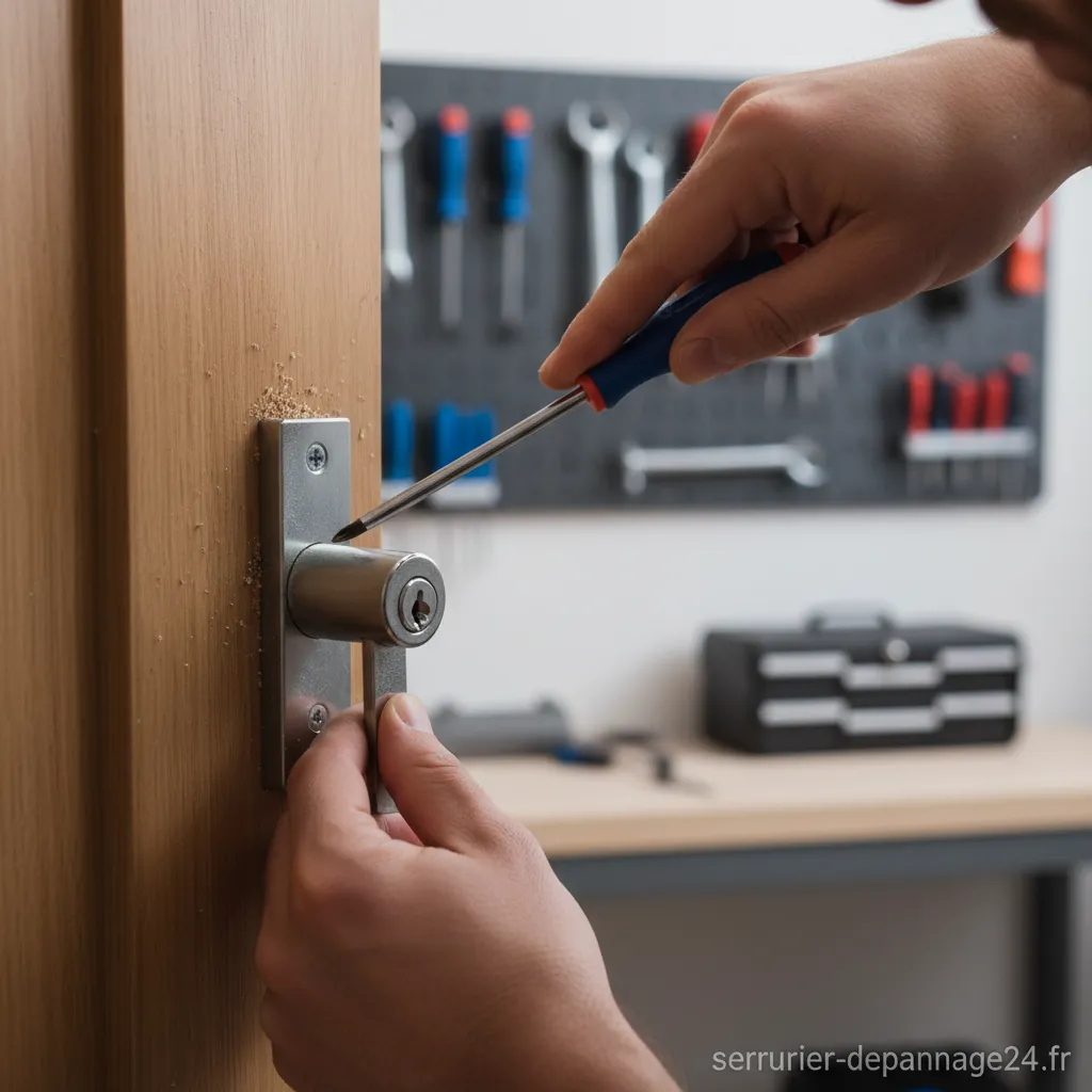 Gros plan sur un pêne dormant et la gâche de la porte.