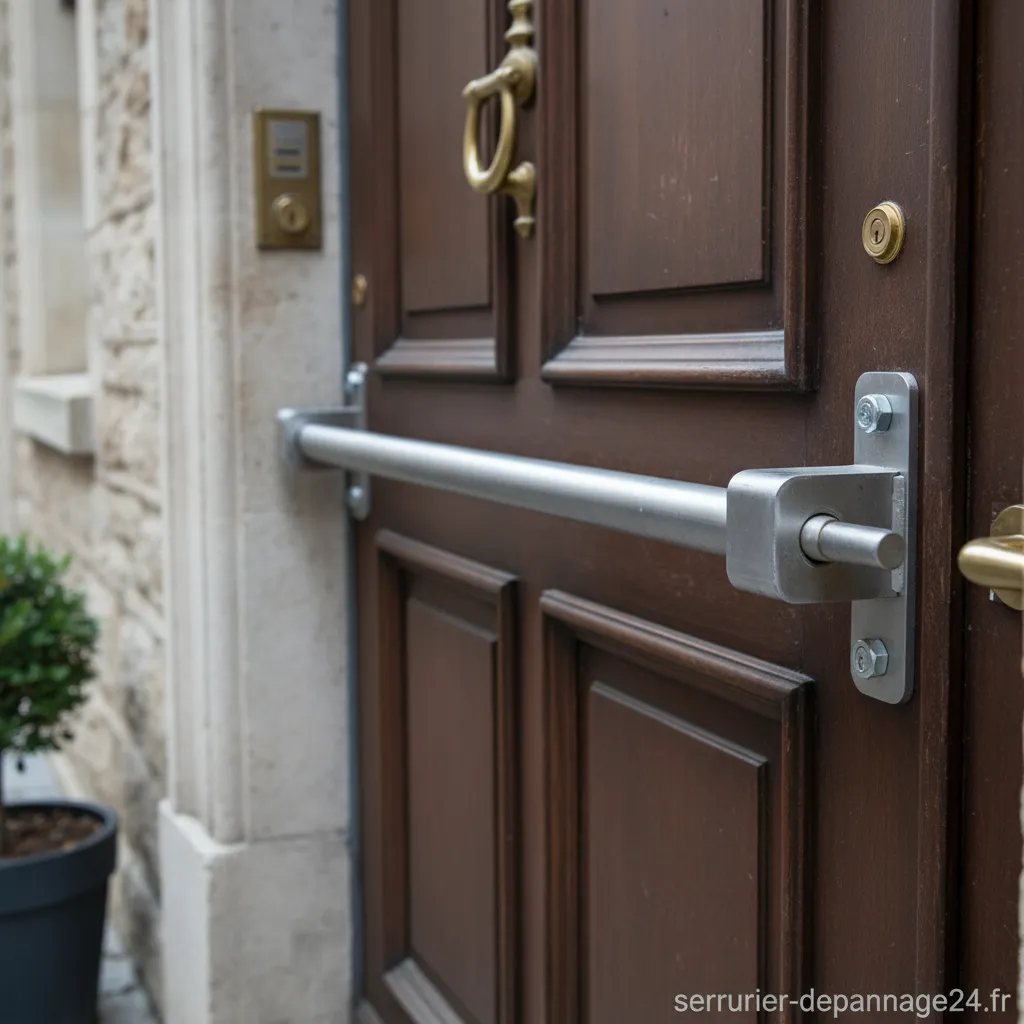 Barre transversale de protection supplémentaire installée sur une porte d'entrée blanche