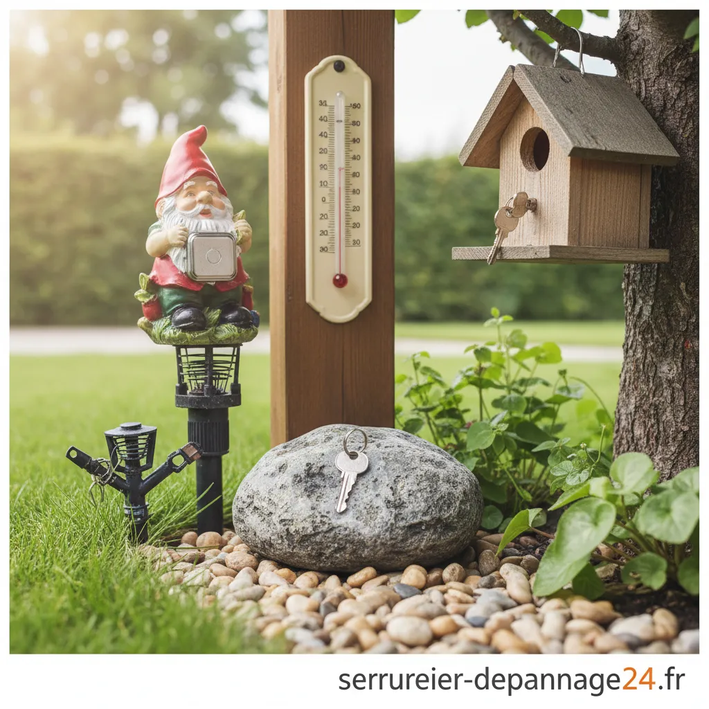 Clé de secours cachée dans un faux rocher de jardin